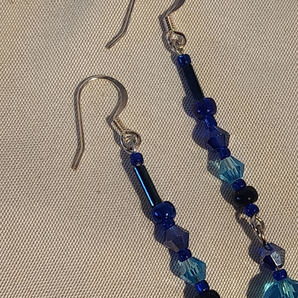 Elegant, Handmade, Iridescent Black and Faceted Blue Glass Beaded Earrings